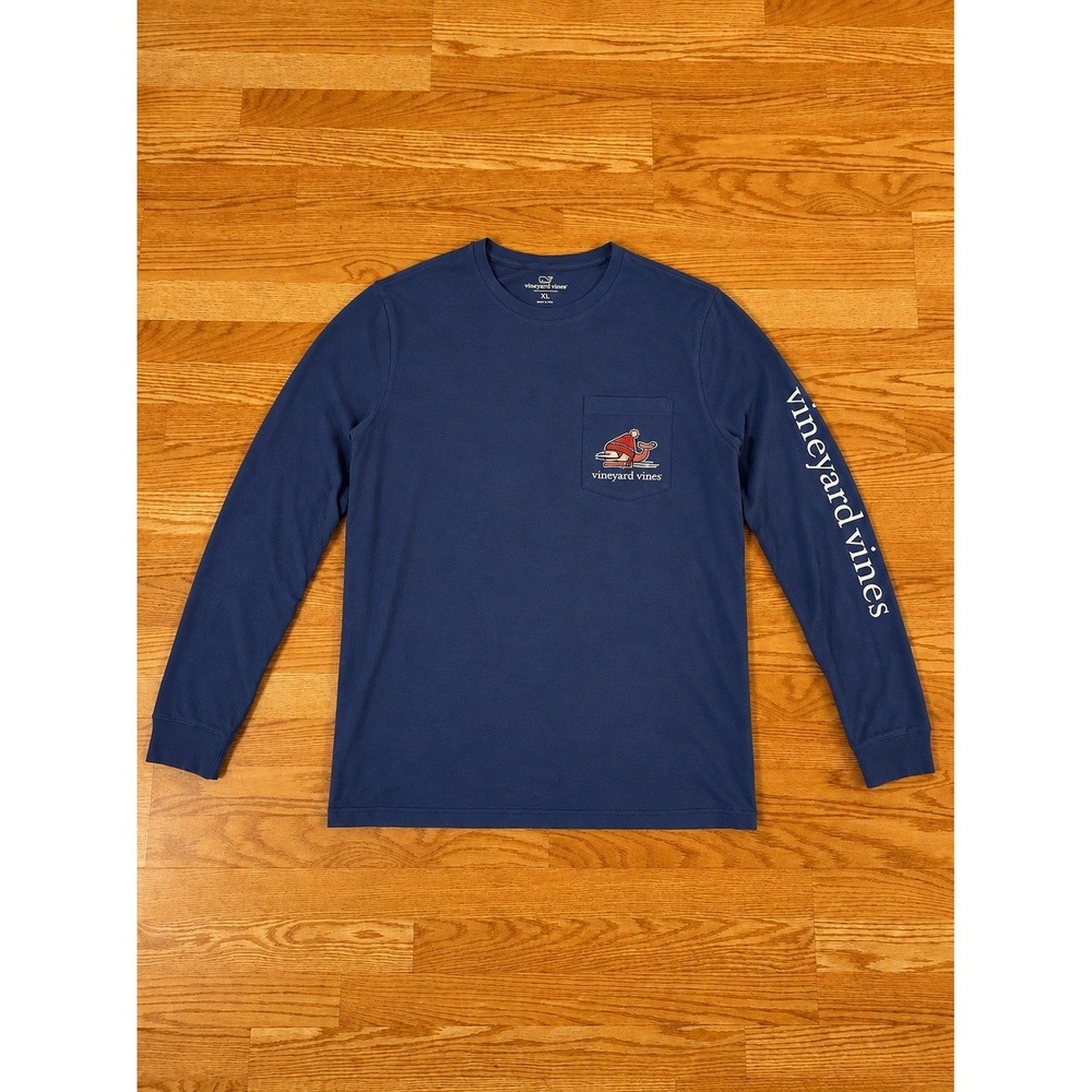Vineyard Vines Long Sleeve Pocket Tee Mens XL Ski Whale Blue Winter Holiday